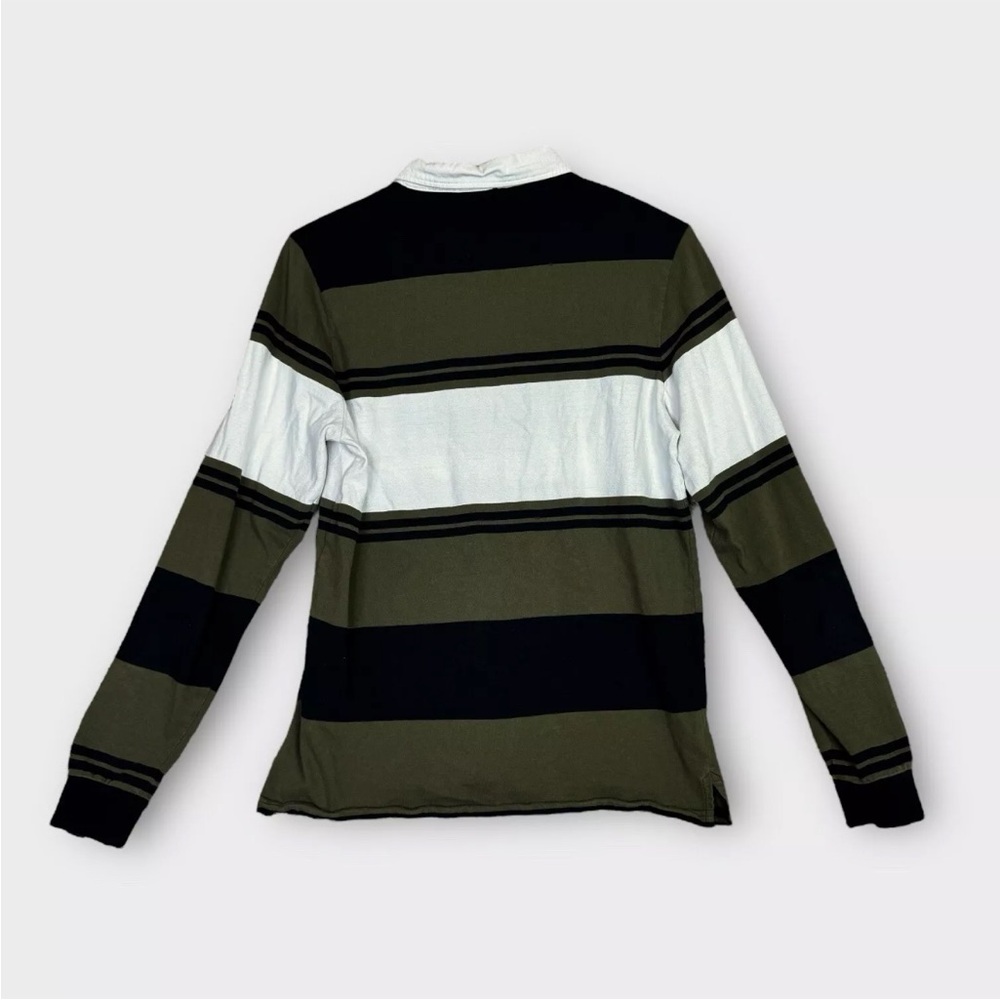 Ellesse Long Sleeve Rugby Polo Shirt Mens Medium Green Blue Striped Sport Wear - Picture 2 of 12